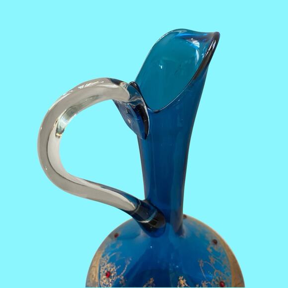 VTG Italian Venetian Murano Aqua Blue Glass Gold Gilt Red Jewels Ewer Decanter - Picture 11 of 16